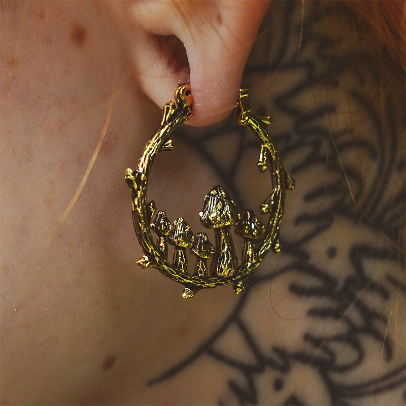 Pendientes colgantes de setas doradas redondas Vintage para mujer, pendientes de aro de hojas geométricas de Metal, joyería de creatividad antigua