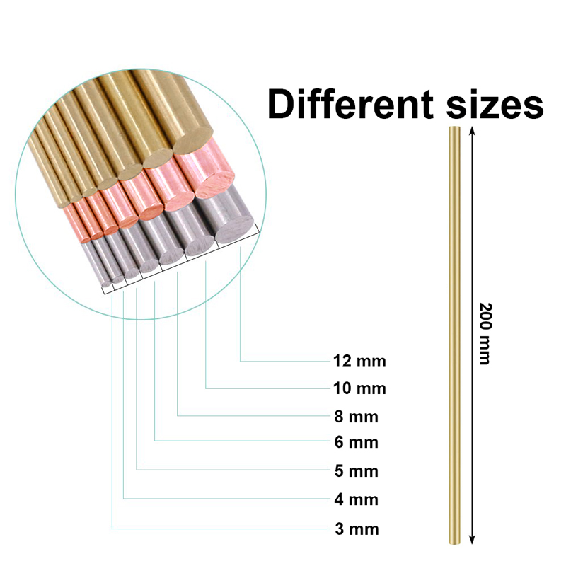 1-5 stk. metal rundstang til drejebænk, gør-det-selv-værktøj, diameter 3-10mm,  længder. 200mm,  metaller inkluderer messing, rustfrit stål, kobber