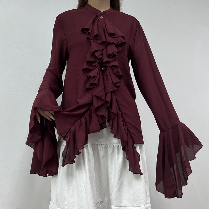 Linad lässig Chiffon Weiß Rüschen Hemden Weibliche Straße aufflackern Hülse verlieren Laminierte Volants Blusen Und Spitzen Frühling 2025,: S / Rotwein