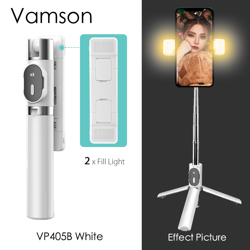 Vamson para iphone ios android tripé selfie vara com controle remoto sem fio bluetooth e 3 cores 9 modos duplo luz de preenchimento vp405: VP405B White