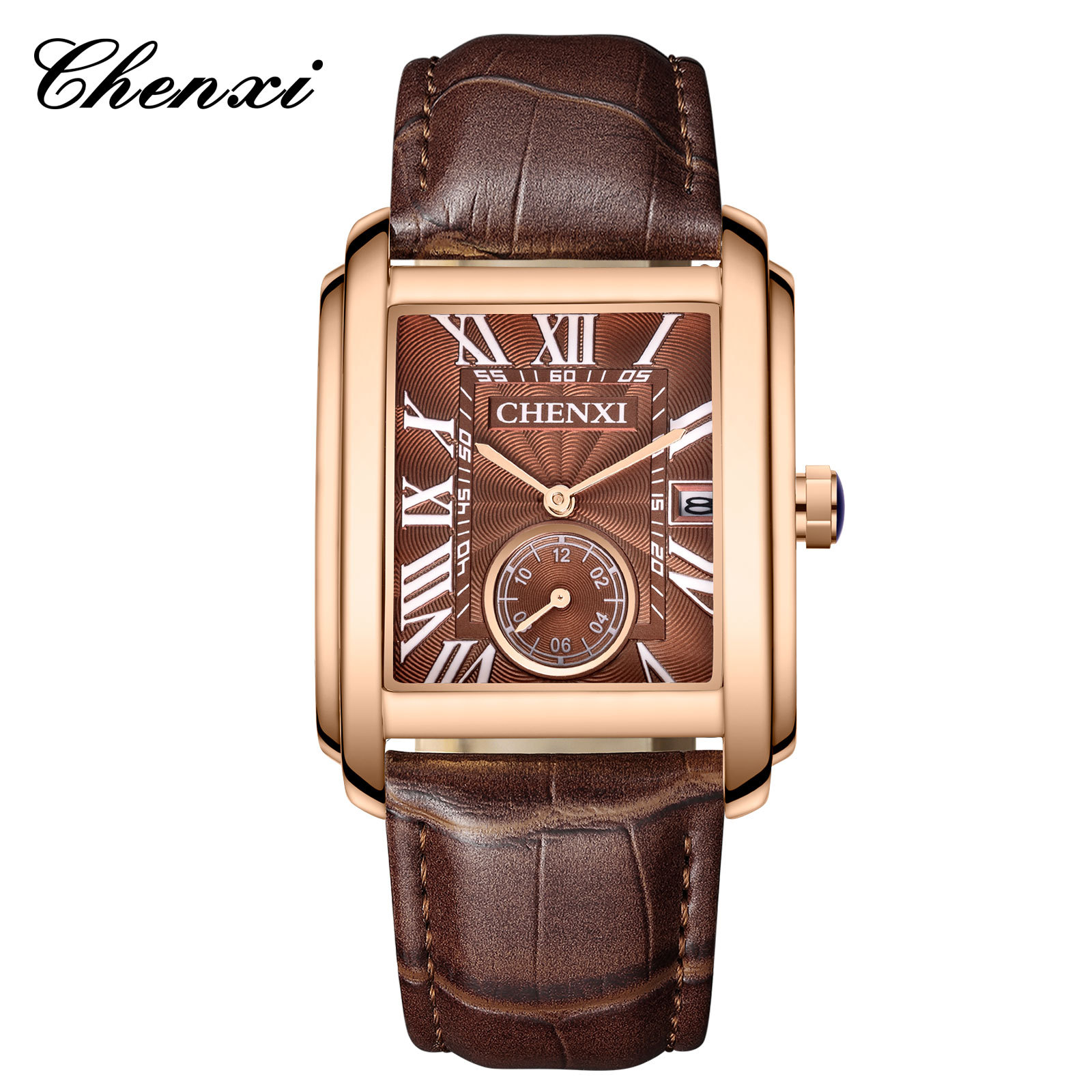 CHENXI 8216 Heren Vierkant Quartz Horloge Zwart Blauw Bruin Mode Eenvoudige Datum Lederen Band Horloge voor Mannelijke