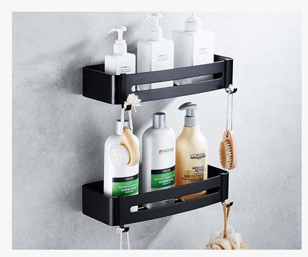 Ruimte aluminium Zwart Badkamer Planken Muurbevestiging Hoek Douche Rack Shampoo Opbergrek Badkamer Accessoires: Black Double Shelf