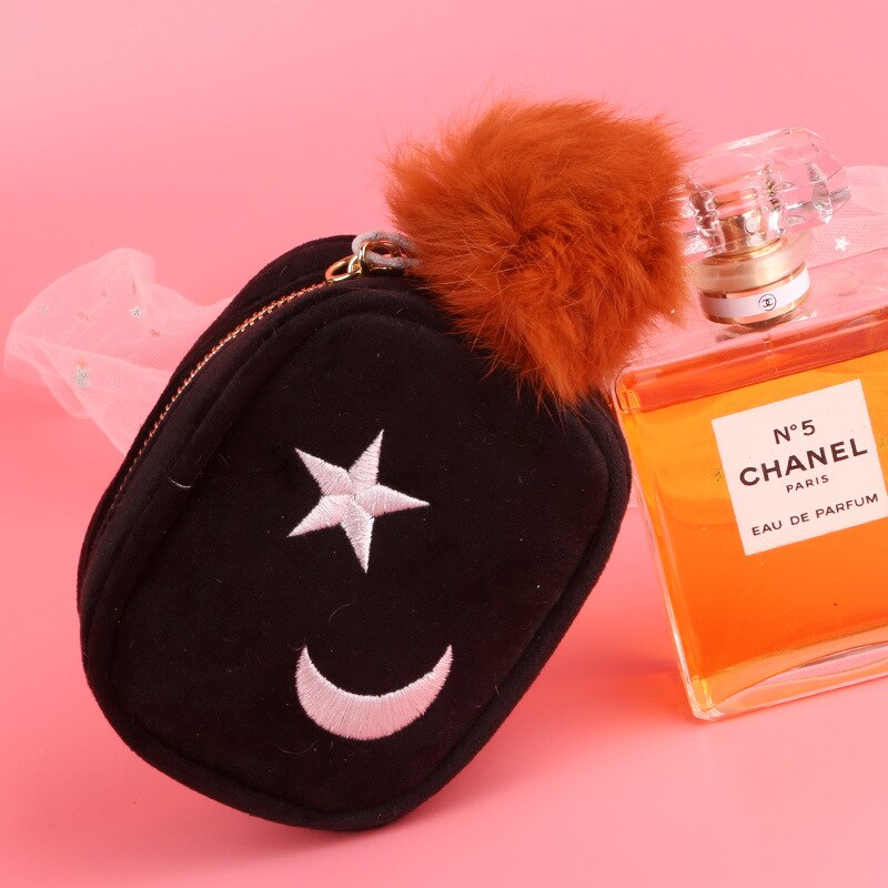 Dziewczyny monety kiesy jednolity kolor wykwintne haftowane gwiazdy zamek błyskawiczny kosmetyki szminka monety kiesy pluszowy wisiorek przenośne monety kiesy: czarny