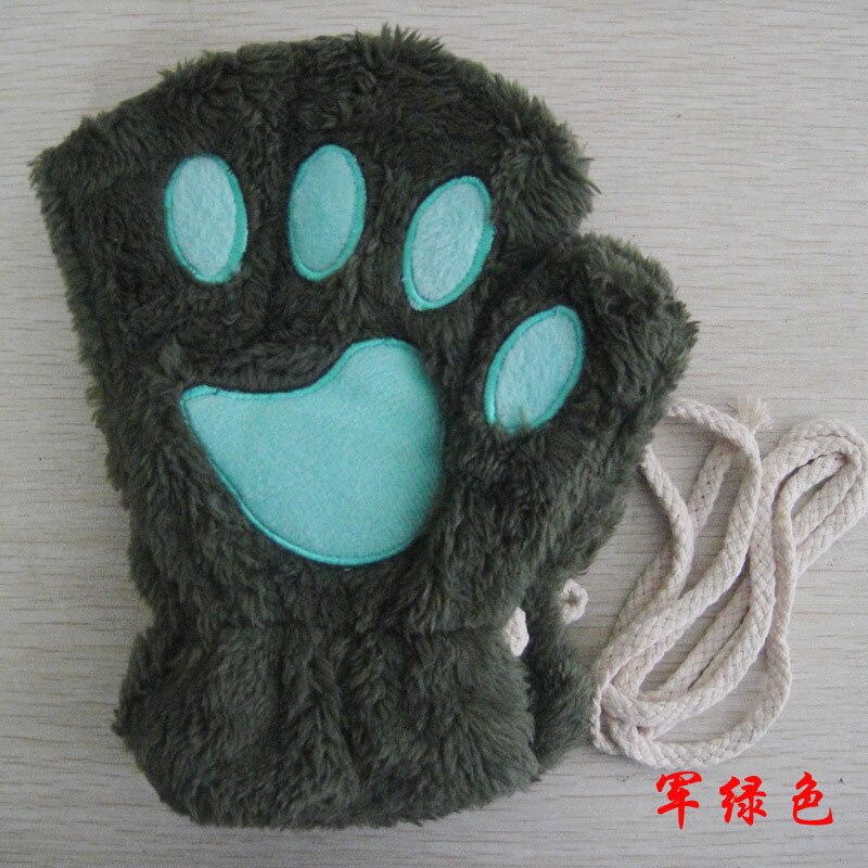 Gants de dessin animé chat fille, mitaine épaisse peluche ours patte demi-doigt G22: ArmyGreen