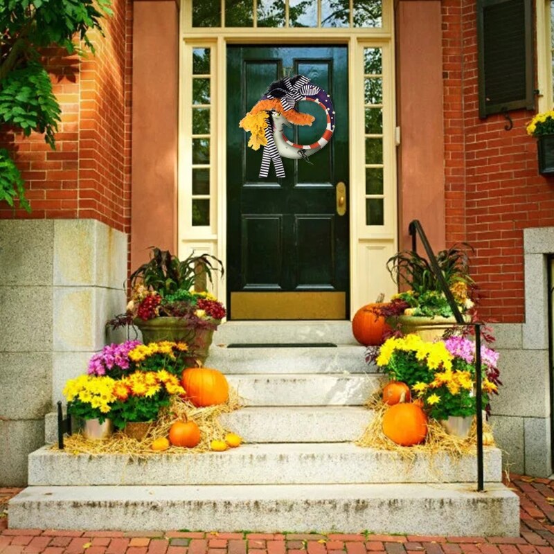 Q0KA Halloween Moon Wreath with Artificial Maple Leaf Striped Bow Throw Pillow Front Door Wall Garland Cushion Toy Home