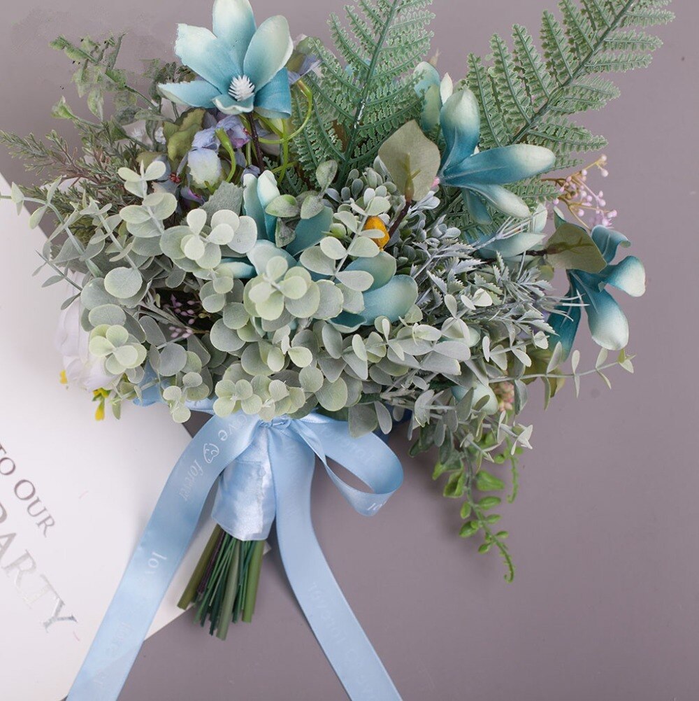 JaneVini Elegante Land Stijl Blauw Bruids Zijde Rozen Bruidsboeketten Ramos Flores Kunstbloemen Buket voor Bruiloft