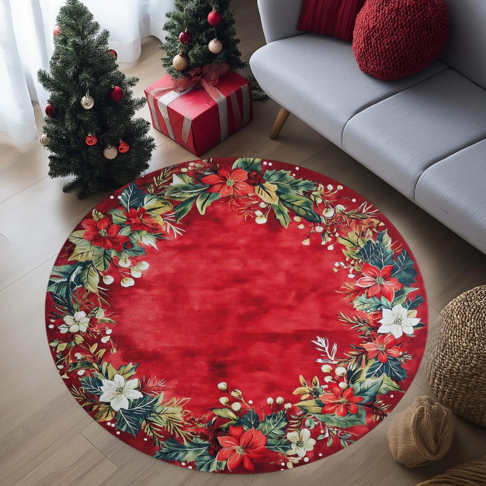 Kerst poinsettia bloemen vloerkleed antislip wasbaar rond tapijt voor slaapkamer woonkamer rond vloerkleed decoratie vloermat: 4570cm / Rood