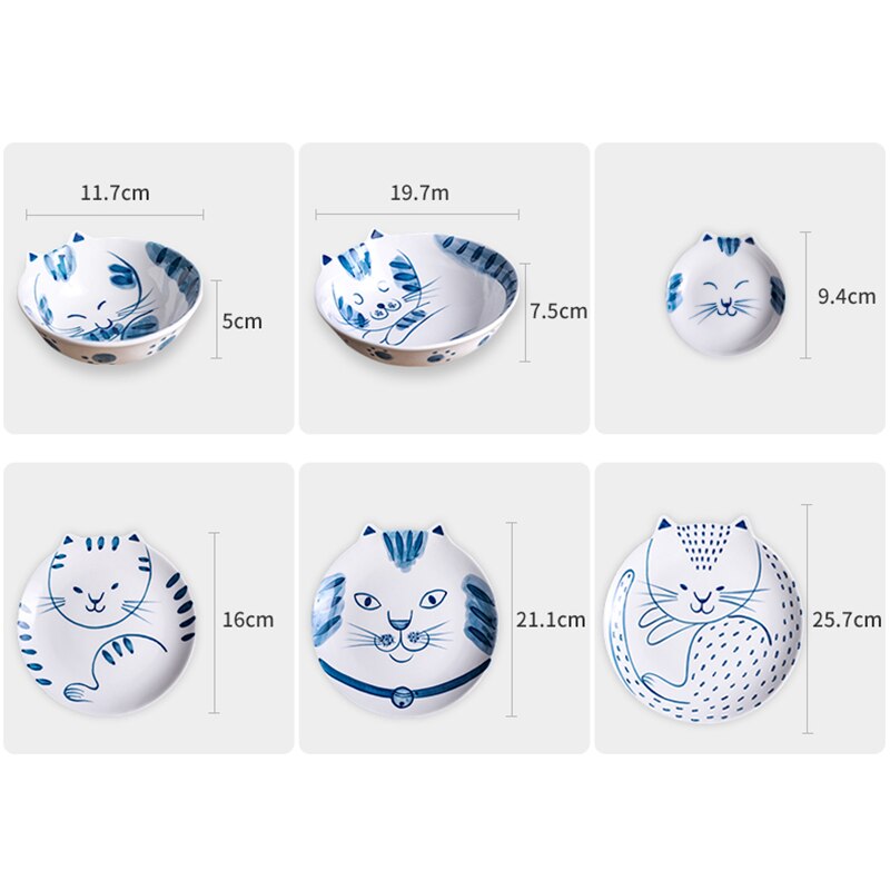 Japansk keramik tecknad katt porslin ris skål krydda maträtt minimalistisk hem hotell restaurang rund mellanmål dessert sushi tallrik
