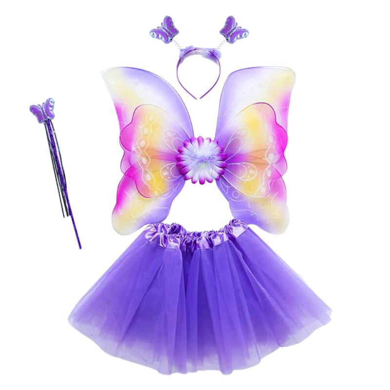 4Pcs Girls Fairy Costume Set Rainbow Butterfly Wings Three Layers Tulle Tutu Skirt Wand Headband Princess Halloween Party 3-8T: Purple