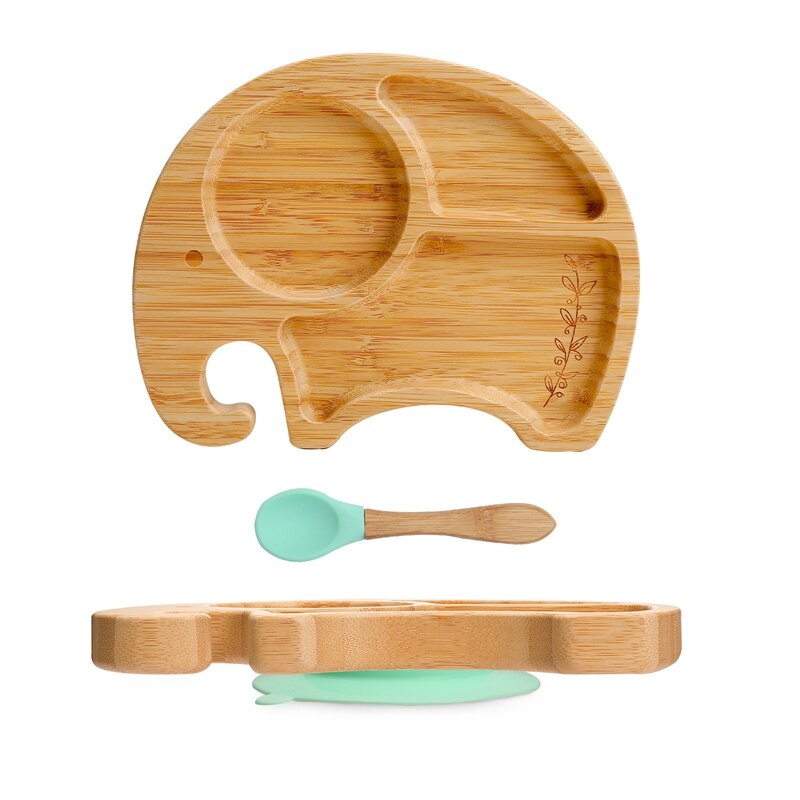 Vaisselle en bois de bambou, accessoires d&#39;alimentation pour bébé, assiette à dîner animaux de dessin animé éléphant avec ventouse, d&#39;anniversaire pour bébé 1 ensemble: mint