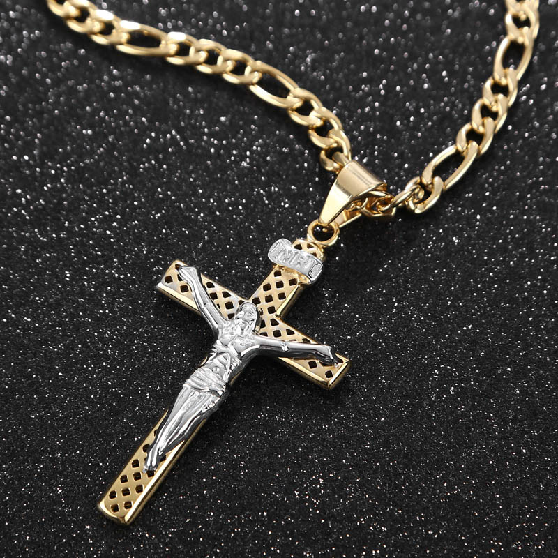 Witaya Jesus Cross Hanger Ketting Gouden Ketting Rvs Hollow Religieuze Cross Hangers & Kettingen Voor Mannen Sieraden