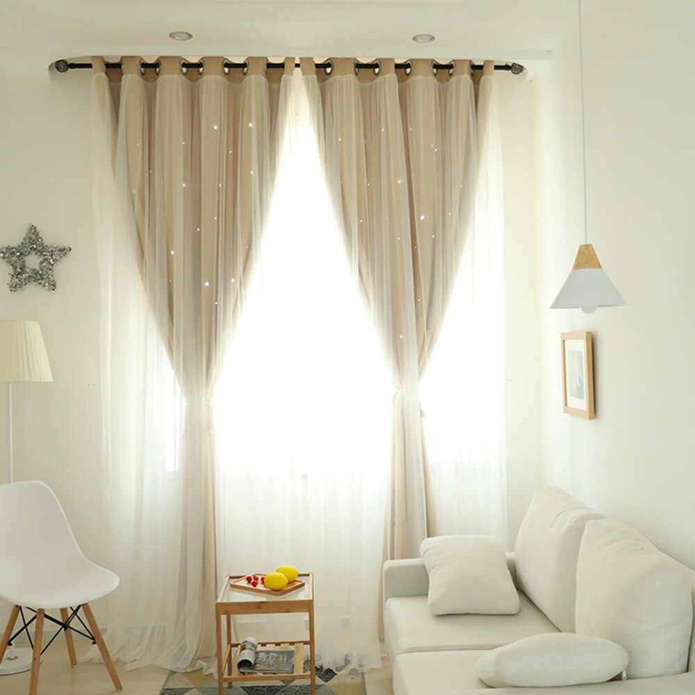 Cortinas con estrellas, doble tela y gasa, grises