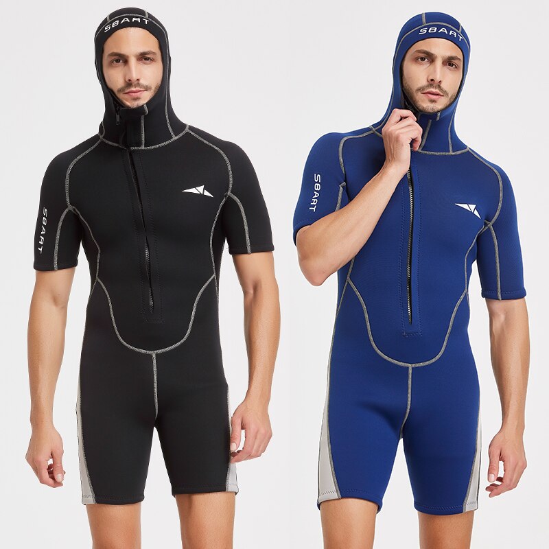 Herren-shorty-neoprenanzug, 3mm -tauchanzug, frontreißverschluss, kapuze, schnorcheln, surfen, kajakfahren, kanufahren, kaltwasser-neoprenanzüge