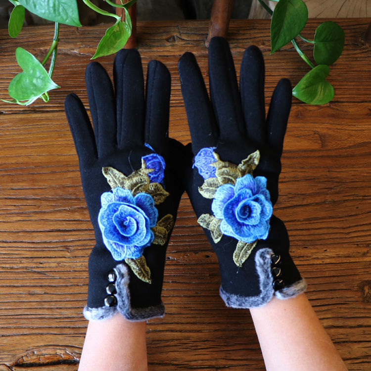 Punk Cotton Driving Fingerless Gloves For Women Gloves Winter Touch Screen Flowers Embroidery Gloves Autumn Winter: Black Type2