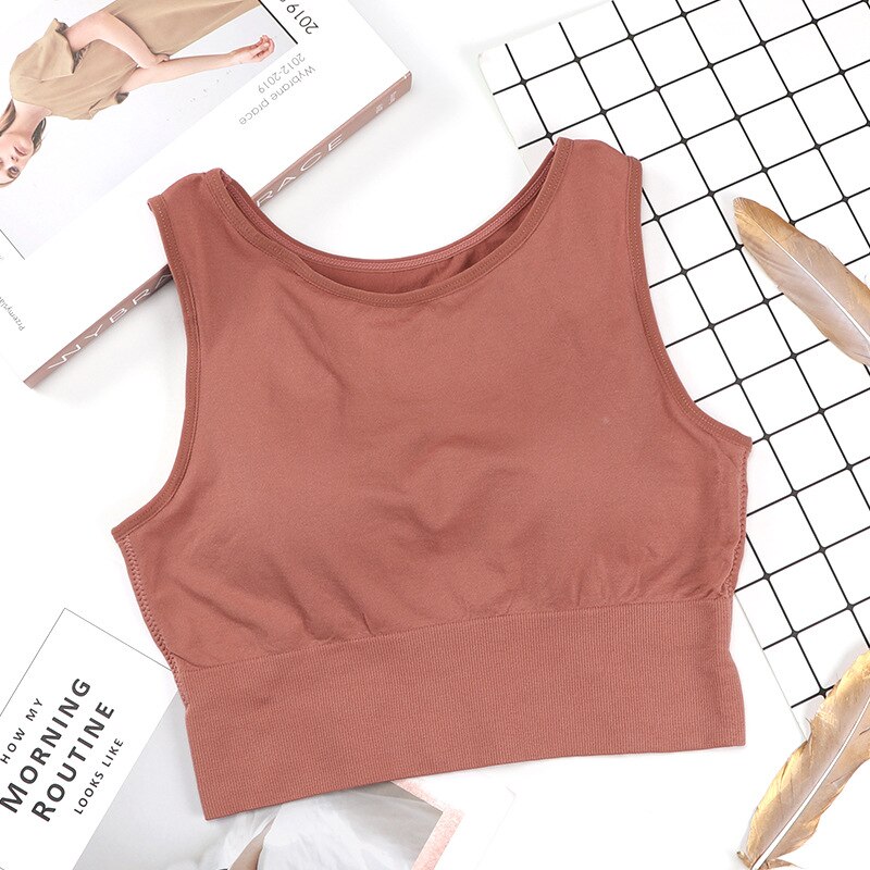 Women Tank Crop Top Seamless Wire Free Bra Beautiful Back Gym ExerciseComfortable Underwear Camisole: Brick Red