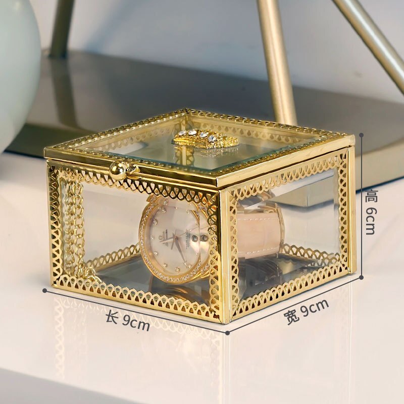Nordic Gold Grid Glass Storage Box Luxury Modern Cosmetics Jewelry Storage Box Container Desktop Bathroom Storage: square