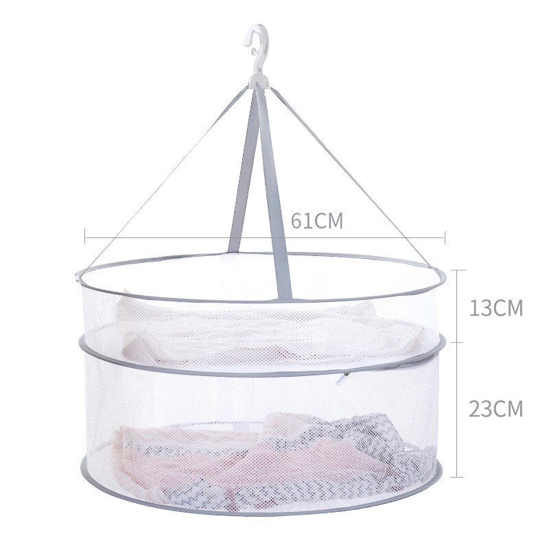 Grey Double-Layer Clothes Drying Net Collapsible Windproof Clothes Basket Polyester Breathable Dry Socks Drying Rack Laundry: 61cm  2 layers
