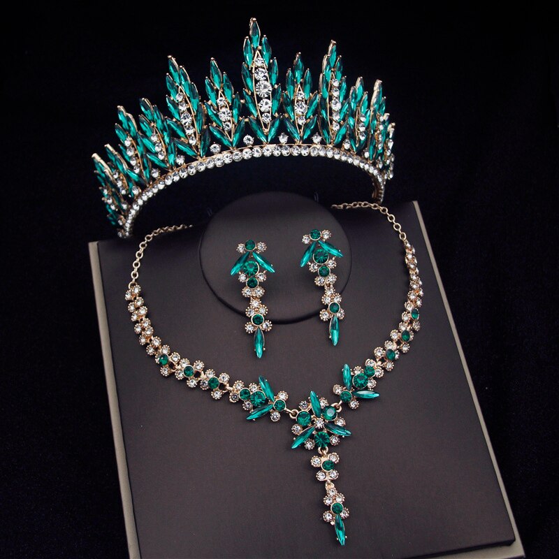 Set di gioielli da sposa in cristallo di fiori per le donne set di diademi per feste orecchini a corona set di gioielli da sposa sposa 2022: Green Crown Sets