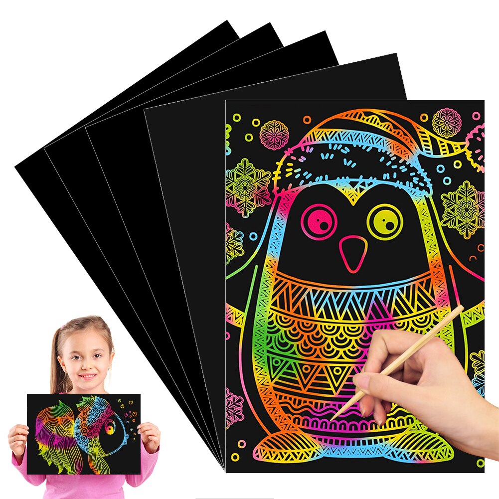 5 Stks/set 16K 10X7 "Scratch Art Paper Magic Schilderen Papier Met Tekening Stick Voor Kinderen Educatief speelgoed Kleurrijke Tekening Speelgoed