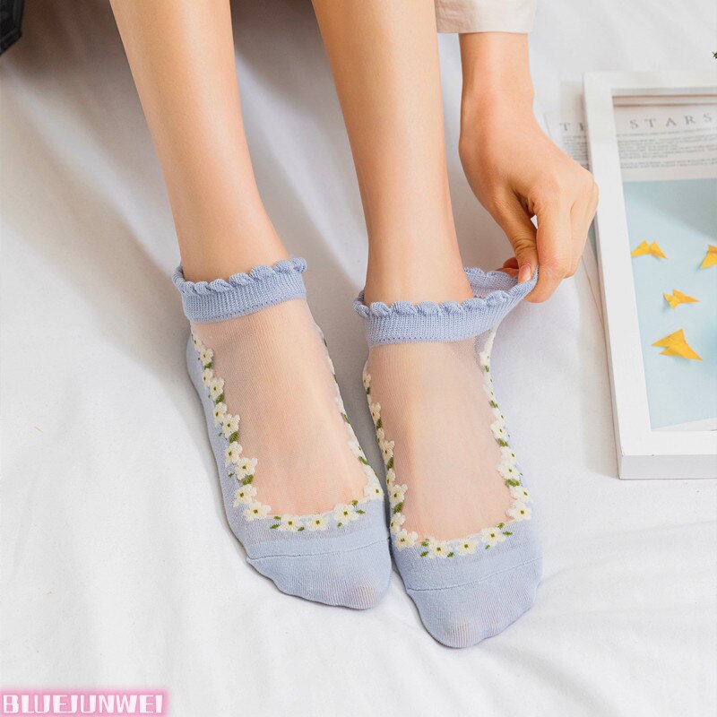 5 paires de chaussettes pour femmes, été, motif floral, chaussettes en soie, cristal, douces, en coton, respirantes, à la cheville