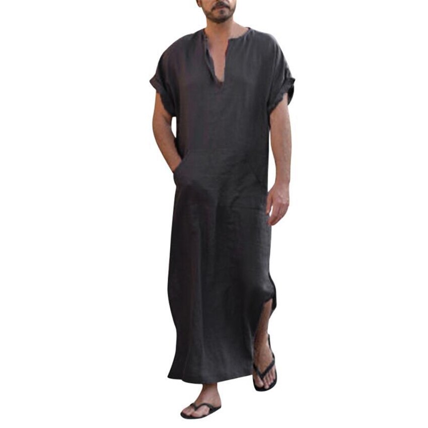 Saudi Arab Dubai Man Muslim Kaftan Thobe Middle East Turkish Islamic Traditional V-neck Jubba Robes Vintage Long Shirt