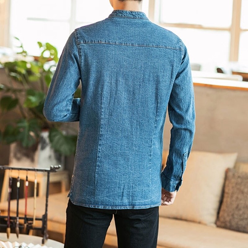 Denim Shirt Mens Tunic Chinese Collar Shirts For Men Jacket Long Sleeve Jeans Mens Shirts Regular Fit Denim Male KK2979