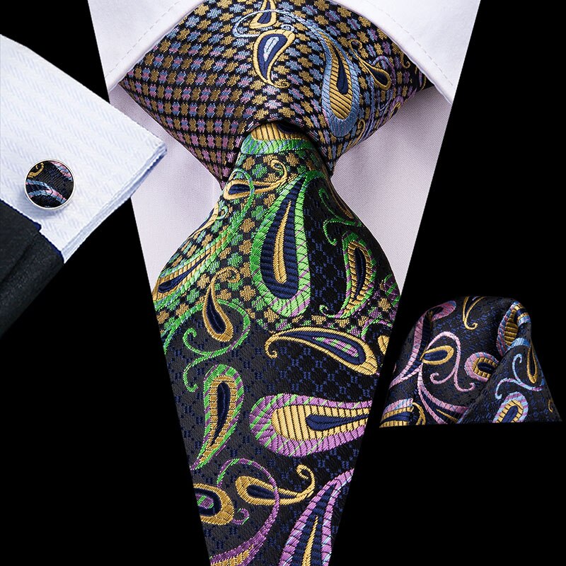 Hi-Tie Christmas 100% Silk Ties For Men Hanky Cufflinks Set 20 Styles Men's Tie Floral Green Plaid Gravatas Party Large Necktie: C-3191