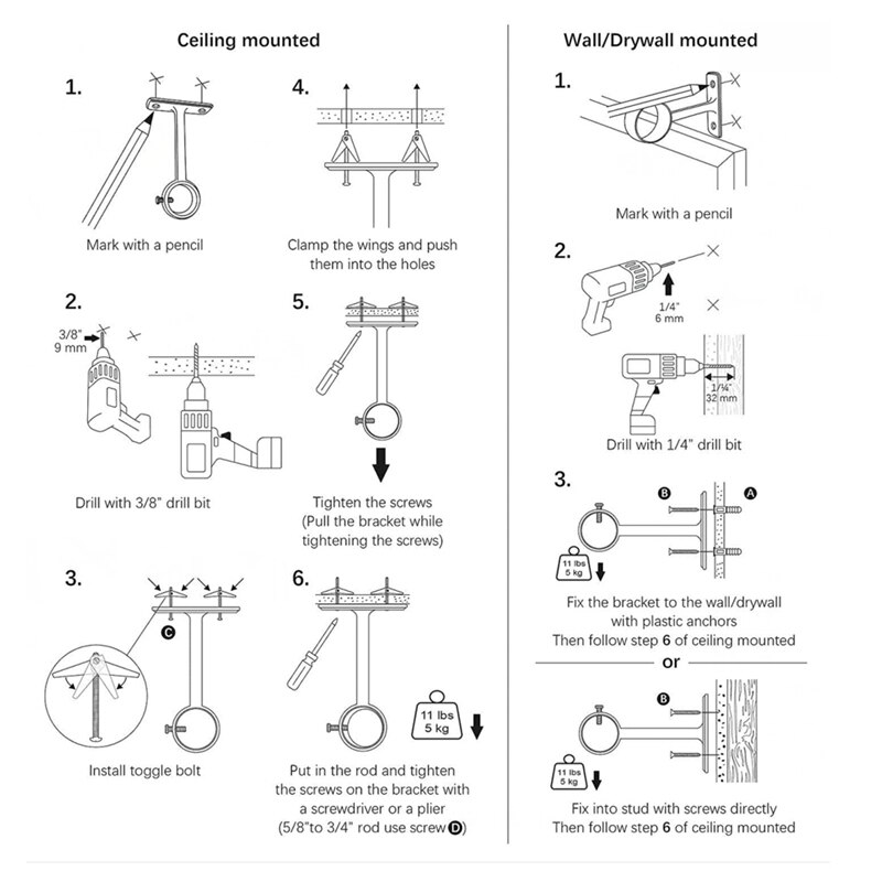 Ceiling Mounted Curtain Rod Brackets, Heavy Duty Ceiling Bracket for 1 Inch Curtain Rod Holder(Set of 2, Black)