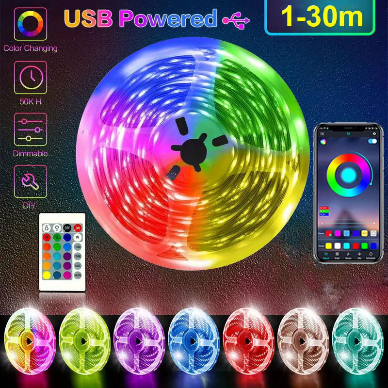Bande lumineuse Led Usb 1-30M RGB 5050, Bluetooth, Wifi, contrôle par application, synchronisation de la musique, lumière Led, rétro-éclairage TV, ruban Flexible