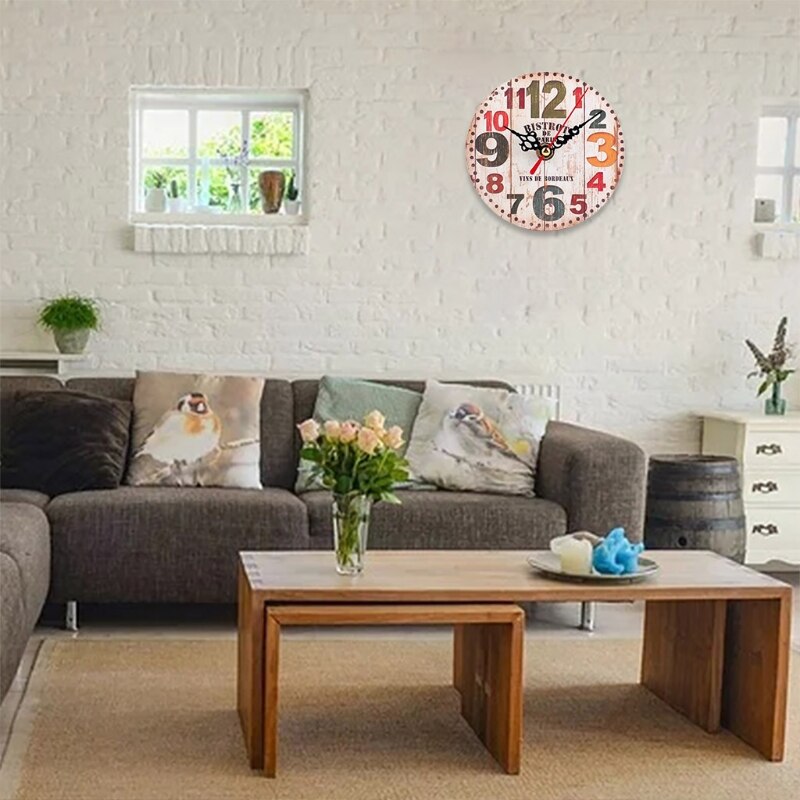 Round Wall Clock Farmhouse Large Wall Clock with Big Numerals Wooden Wall Clock Battery Wall Clock Hanging for Home