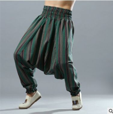 Pantalones bombachos de cintura elástica a rayas para hombre, pantalones de tiro caído fluidos de otoño, pantalones Harem de lino y algodón sueltos tradicionales para hombre, India 092303: 1 / L