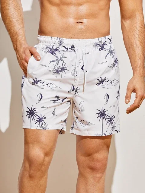 Calções de banho masculinos com estampa de coqueiro 3d, shorts de natação, verão, macio e respirável, poliéster, praia, surf: S / CÉU AZUL