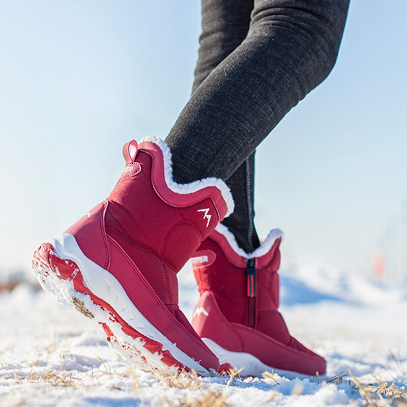 Kvinner snøstøvler glidelås vinterstøvler dame varme plysj vanntette sklisikre vintersko botas de mujer: 2003 røde / 6.5