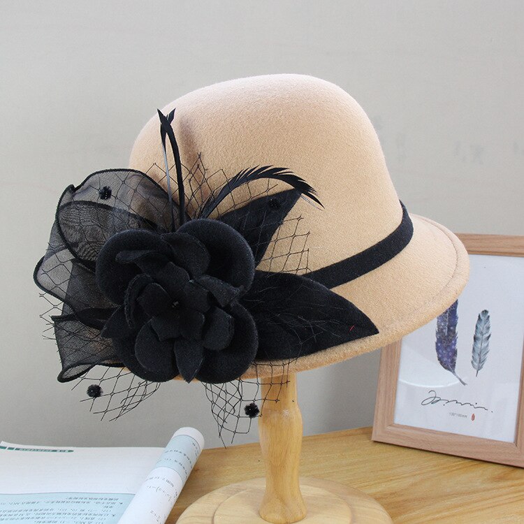 Sombreros de novia Vintage con flor de lana, tocado de pelo , sombrero de noche, velo de novia, accesorios de boda,: 012