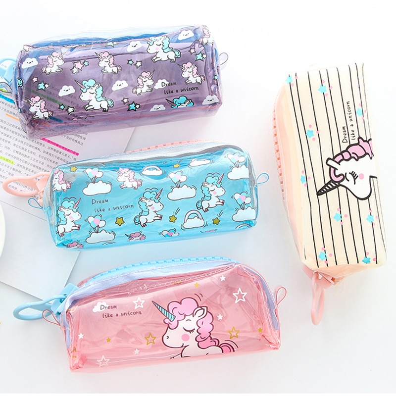 Estuche transparente de unicornio para lápices, estuche escolar de gran capacidad con cremallera, bolsa de almacenamiento, caja de suministros para la escuela, de papelería