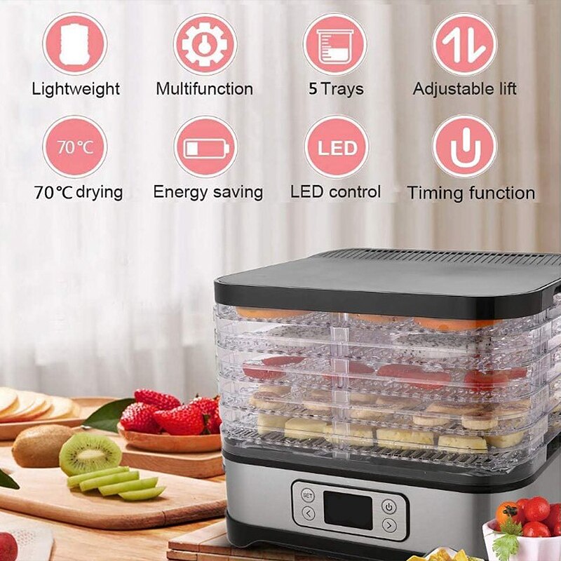 Voedsel Dehydrator 5Trays Huishoudelijke Voedsel Droger Met Digitale Timer En Temperatuurregeling Voor Fruit Groente Vlees Rundvlees Eu Plug hwc