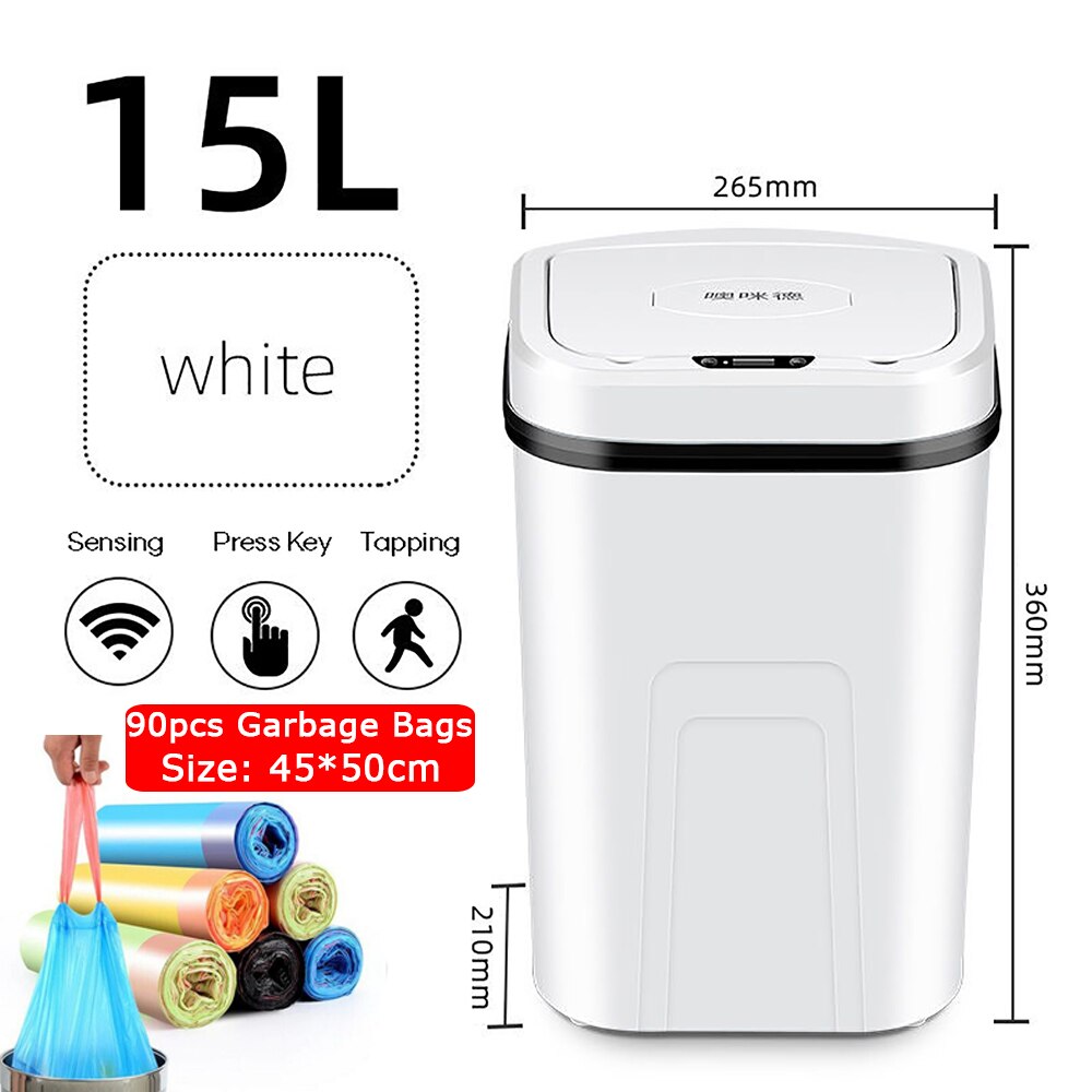 15L Intelligent Automatic Touchless Trash Can Smart Motion Sensor Dustbin Electric Waste Bin Home Rubbish Can Kitchen Garbage: Ljt-9 White-B