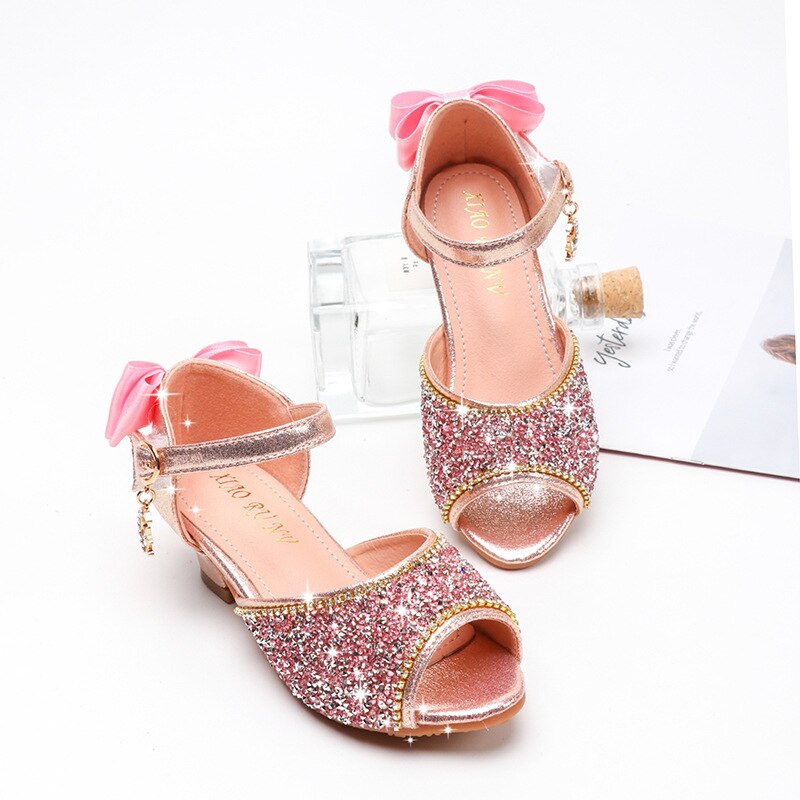 Sandales à talons hauts pour filles, chaussures de danse princesse à paillettes, strass et nœuds de Performance pour écoliers,: pink / 26 (insole 16.5cm)