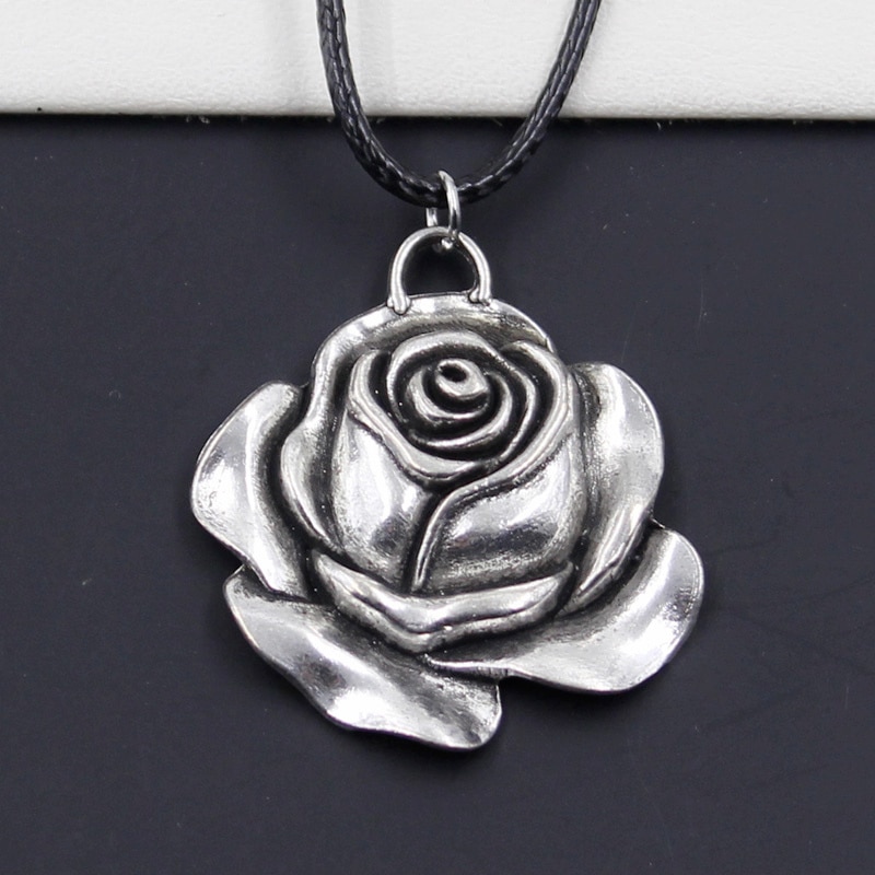 Rose Blume Tibetischen Silber Farbe Anhänger Halskette Halsreif Charm Schwarz Leder Schnur Fabrik Preis Handgemachtes