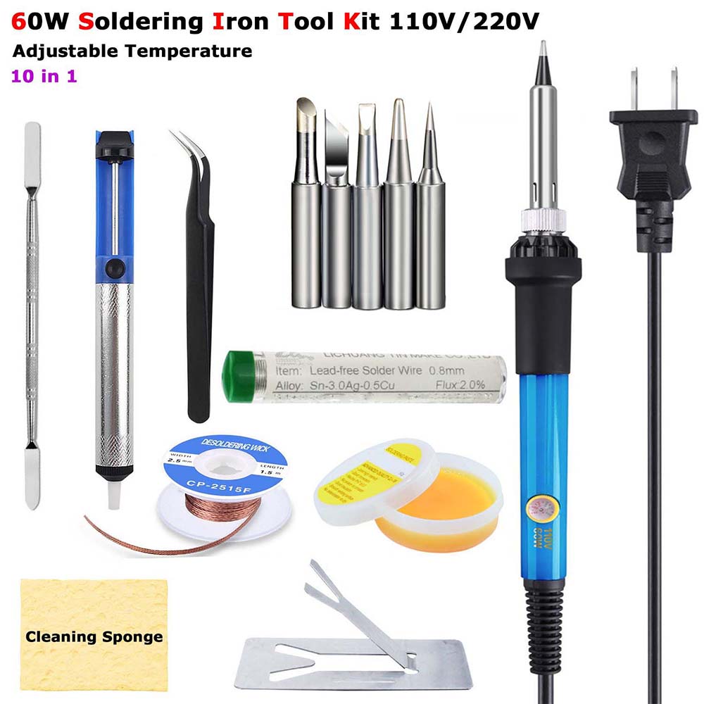 60W Electric Soldering Iron Welding Tool Kit Set Ceramic Heater Adjustable Temperature w/ Solder Pump Wire Tweezer Tip 110/220V