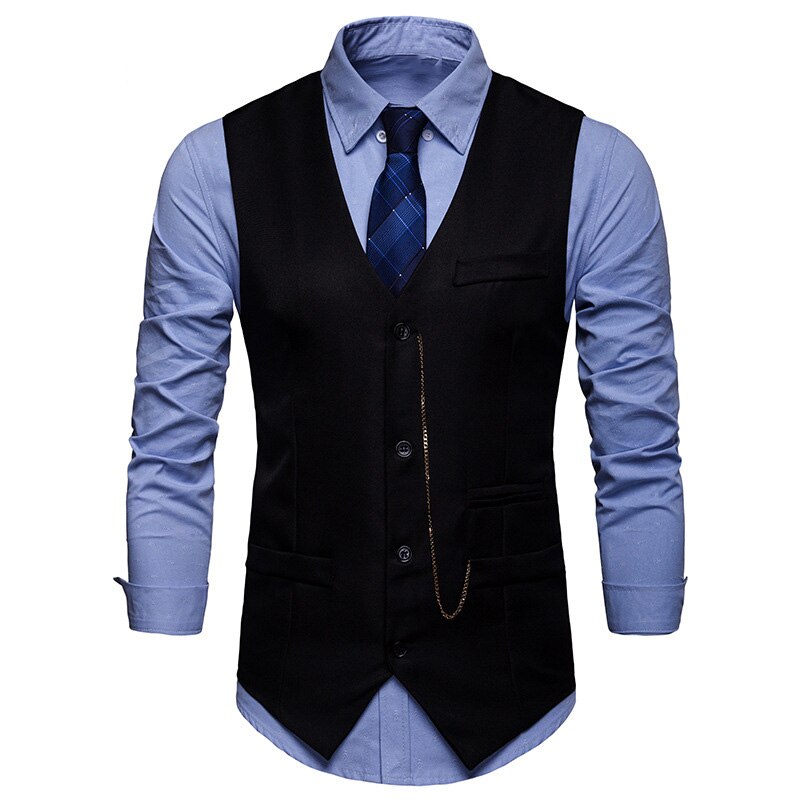 Couleur unie Slim Fit Gilet hommes chaîne décoration simple boutonnage Costume Gilet hommes décontracté Gilet Gilet Costume Homme: black / L