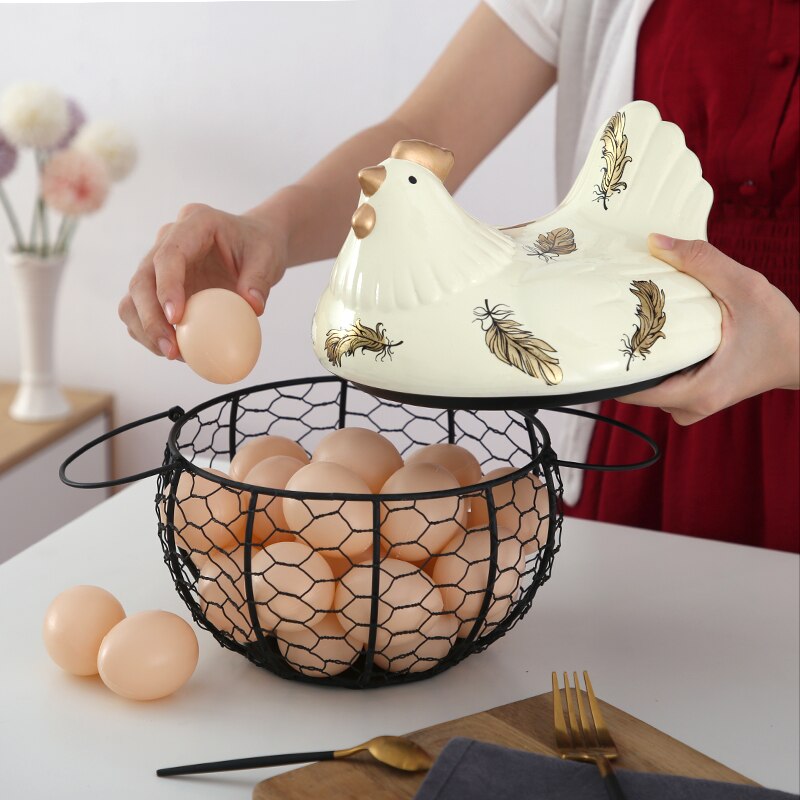 American Ceramic Egg Holder Chicken Wire Egg Basket Fruit Basket Collection Ceramic Hen Oraments Decoration Kitchen Storage