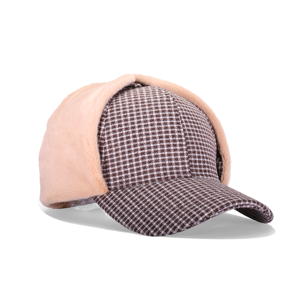 Sombrero de invierno con orejas para mujer, gorra de béisbol femenina, más terciopelo, actividad al aire libre, Retro, a cuadros, accesorios para mujer, lana, HatBQM211: coffee