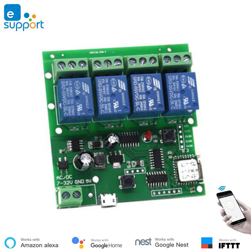 Ewelink smart switch  dc5v ;  dc 7v-32v ;  ac90v-250v ; 4 -kanals interlocking/inching/selvlåsende wifi switch til gør-det-selv smarte hjem