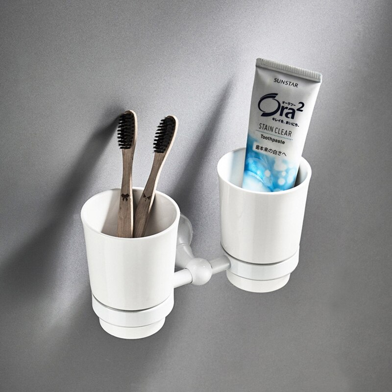 Ensemble d&#39;accessoires de salle de bain en laiton blanc, porte-savon de douche, porte-sèche-cheveux, porte-peignoir, brosse de toilette, porte-rouleau: Double Cup Holder