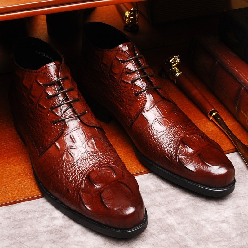 Cheville pour hommes, chaussure à bout pointu et à talons bas, Crocodile, Business, mocassins pour homme, tendance à lacets