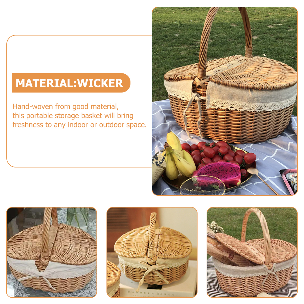 Picknickkorg för frukt, påsk, hushållssnacksbehållare, rottingkorg med lock, multifunktionell rottingkorg, hemleverans