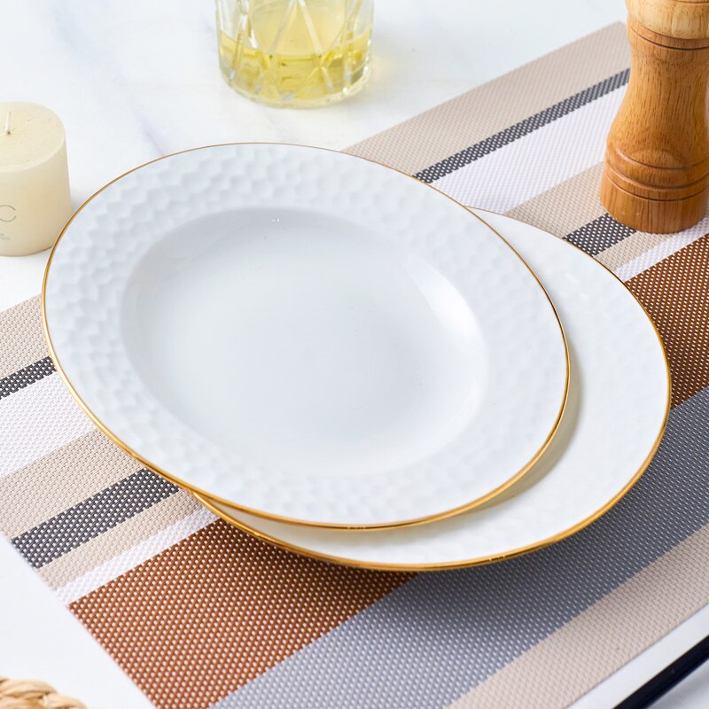 Ceramic Flat Steak pasta Plate Round Dinner Plates Bone China White Tableware with Golden Rim Home Western High-end Dinner Plate