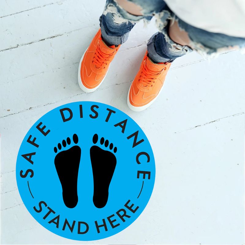 Please practice social distancing floor sign.Safety sign.11" Circle Pressure sensitive adhesive. Pressure sensitive vinyl, made
