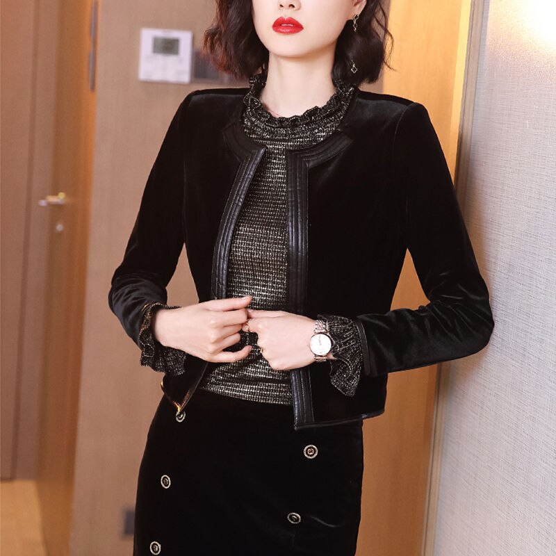 Black Velvet Small Short Style Jacket Women 2022 Spring Long-sleeved Cardigan Top O Neck Solid